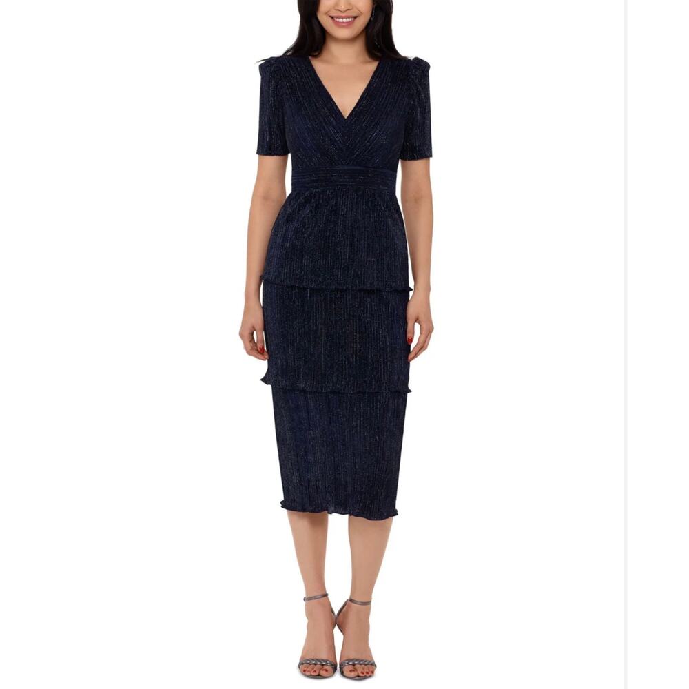 XSCAPE Pleated Sparkly Chiffon Midi Sheath Cocktail Dress Navy Blue Size 8 - Picture 1 of 13